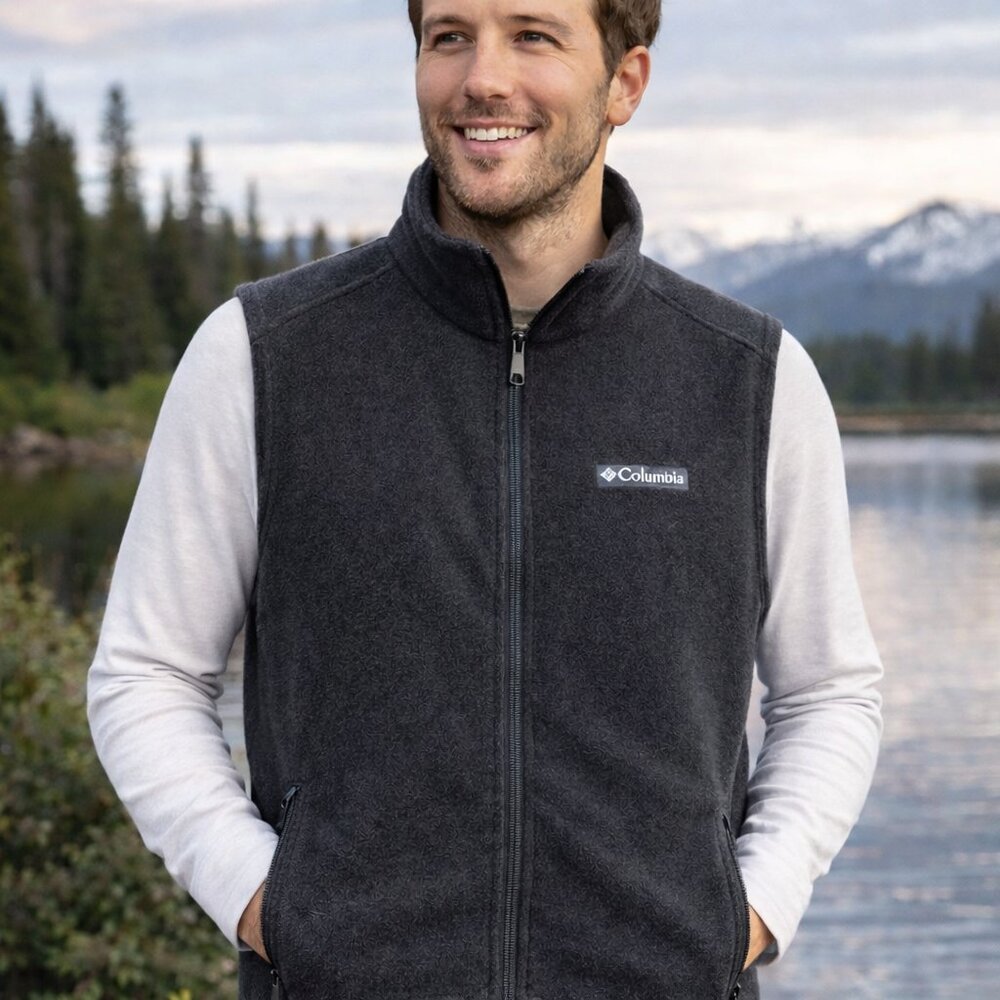 Columbia‎ Steens Mountain Fleece Vest Mens Small Black Everyday Mock Neck Zip Up
